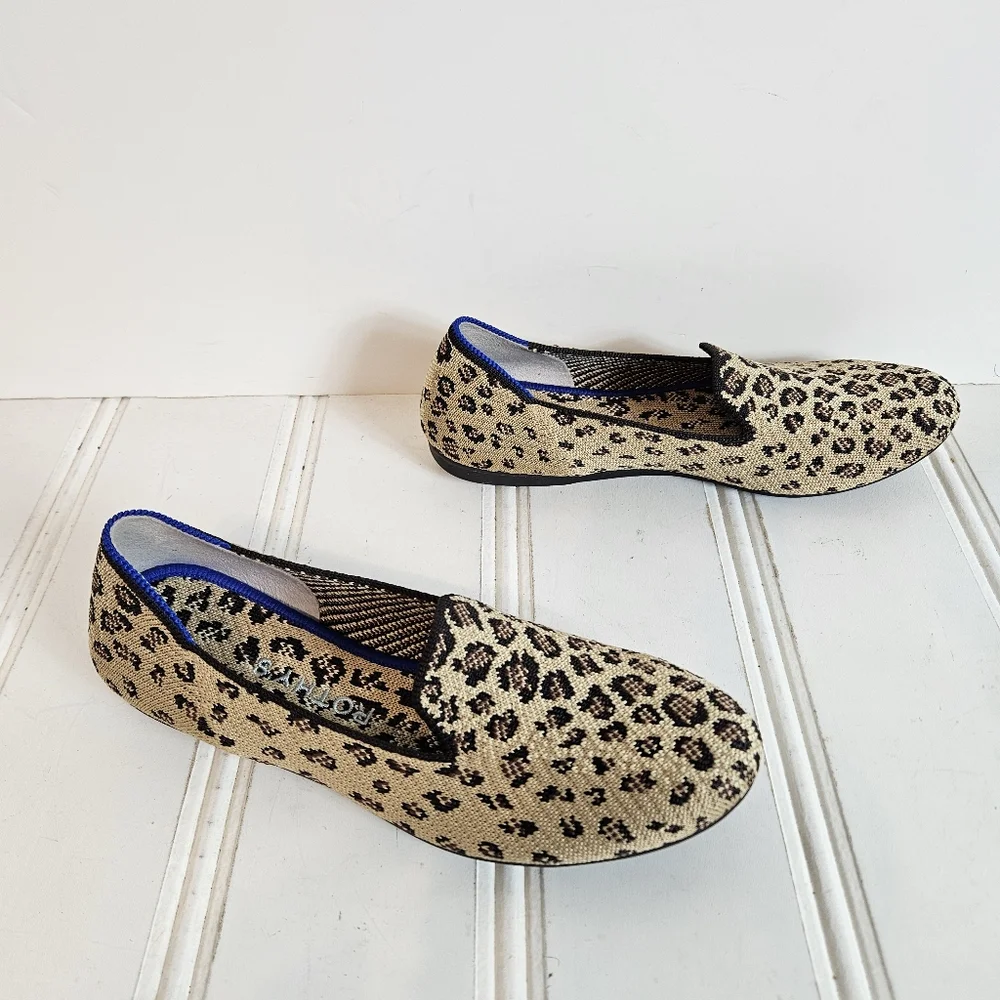 Rothy's The Loafer Size 6 Spotted Leopard Knit Washable Slip On Flats Tan Black